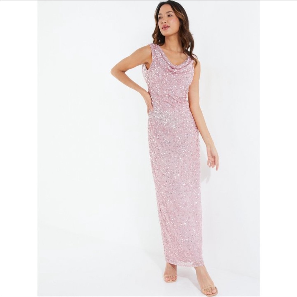 Quiz Occasions Pink Sequin Maxi Dress Cowl Neck NWT Size 6